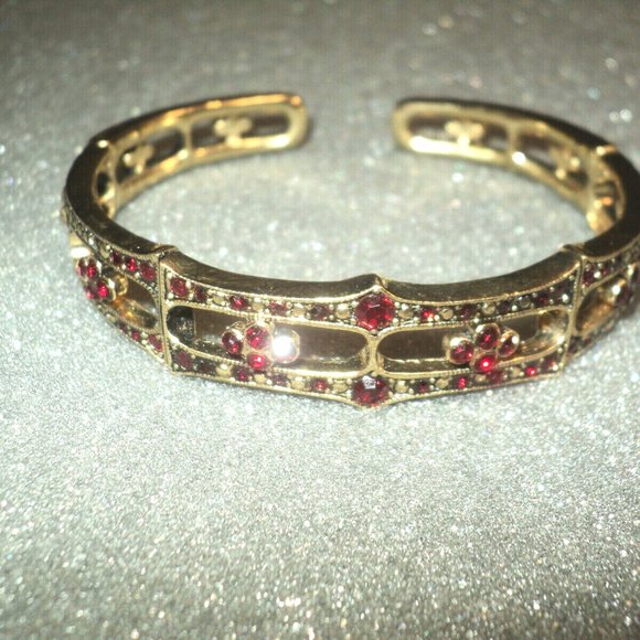 Monet Gold-Toned Hinged Cuff Bracelet with Dark Red Crystals 8" Around Vintage - Picture 1 of 3
